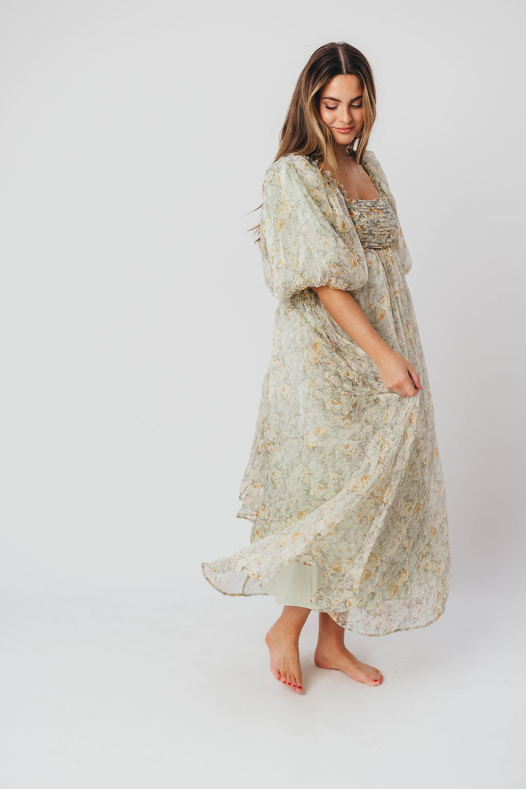 Eilina | Dames Maxi Jurk Zwangerschap – Flatterende Empire Taille en Romantische Ballonmouwen
