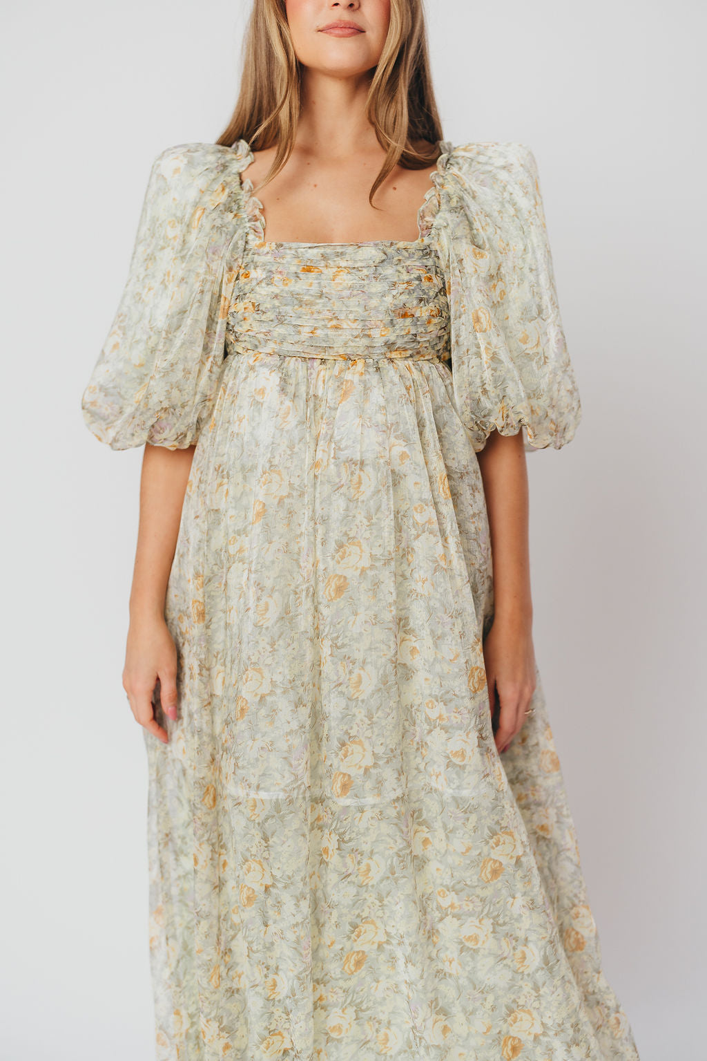 Eilina | Dames Maxi Jurk Zwangerschap – Flatterende Empire Taille en Romantische Ballonmouwen