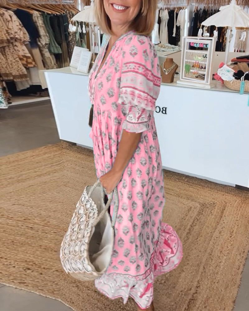 Betje | Dames Maxi Jurk met Boho Print en V-Hals – Flowy Zomerjurk met 3/4 Mouwen