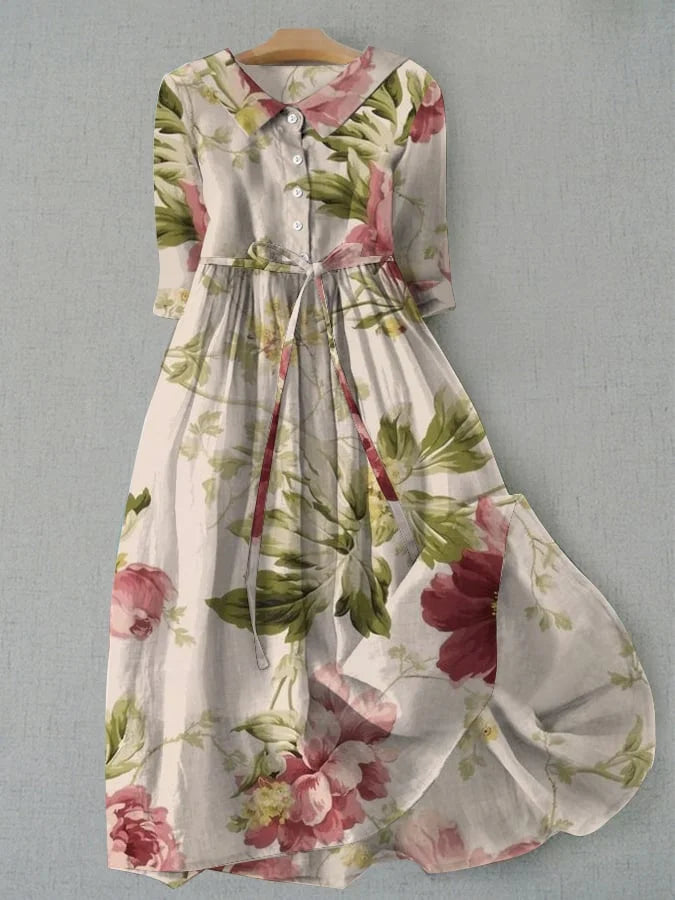 Thera | Midi-jurk voor dames met botanische print en verstelbare taille – vintage stijl