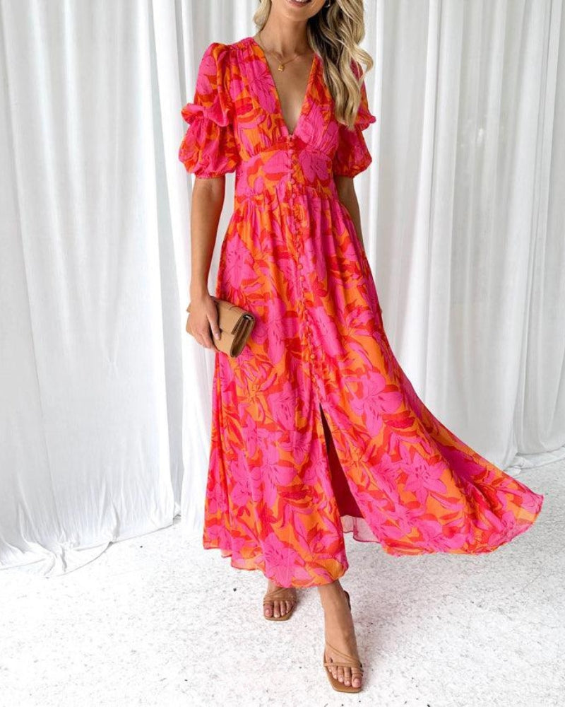 Berendina | Dames Jurk met V-Hals en Pofmouwen – Luchtige Flowy Stijl voor Zomer Elegantie