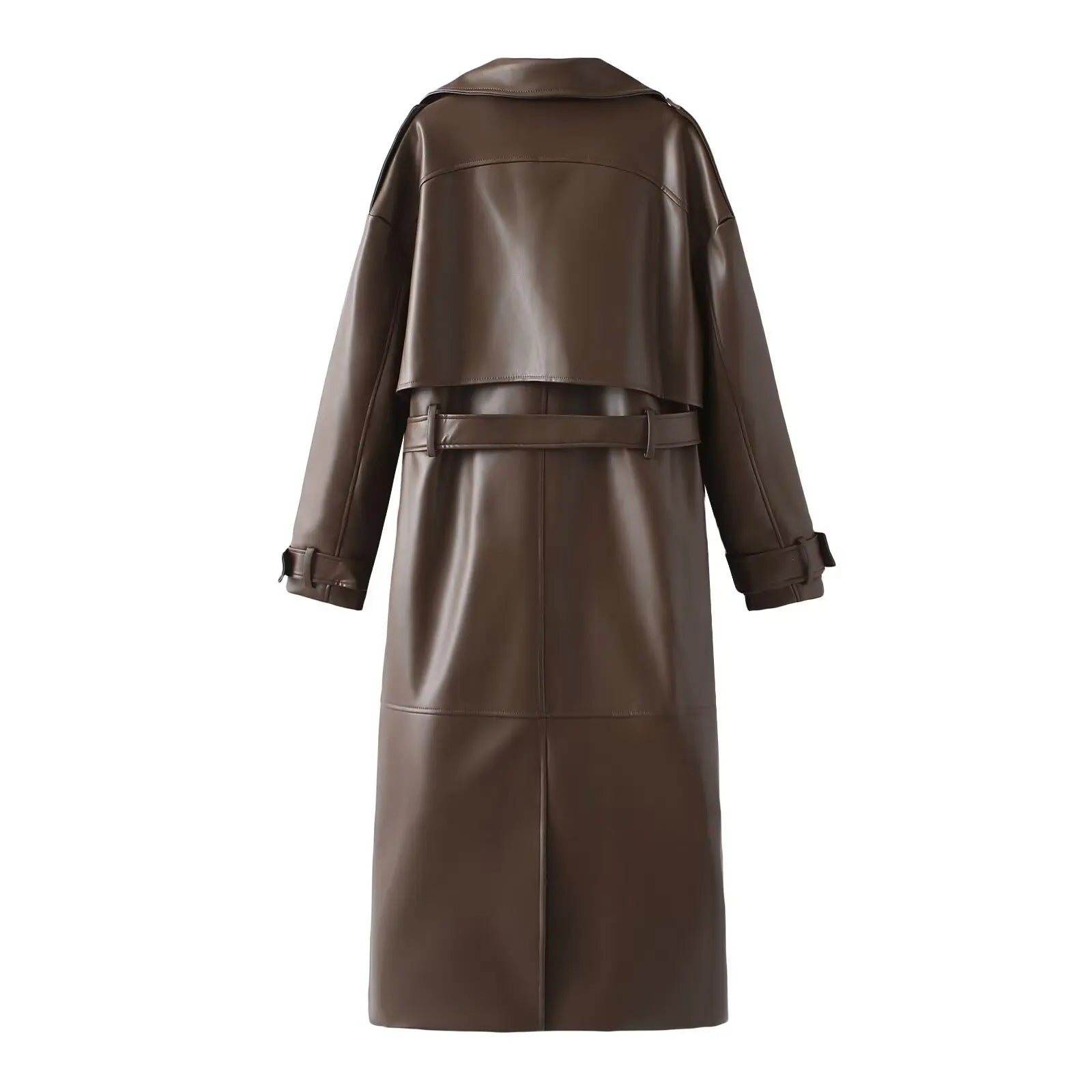 Dames Lange Jas – Bordeauxrode Faux Leather Coat met Retro Silhouet en Tailleceintuu