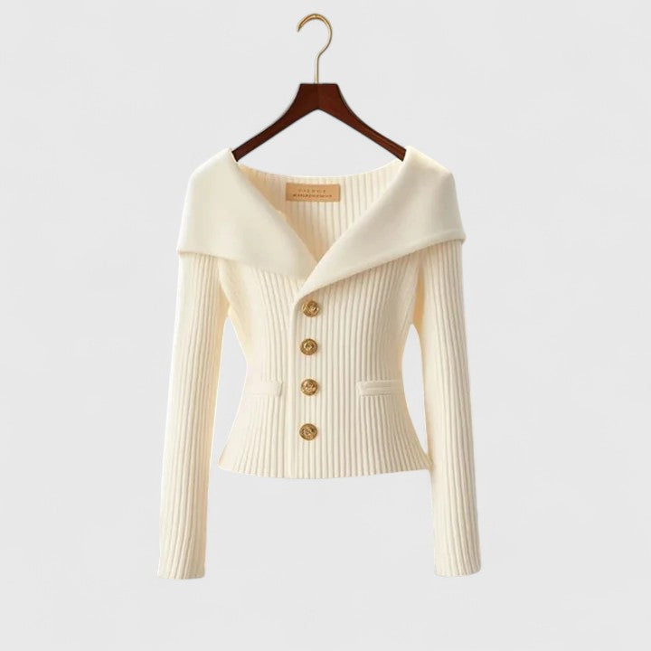 Dames herfsttrui met off-shoulder kraag en gouden knopen – zacht & elegant
