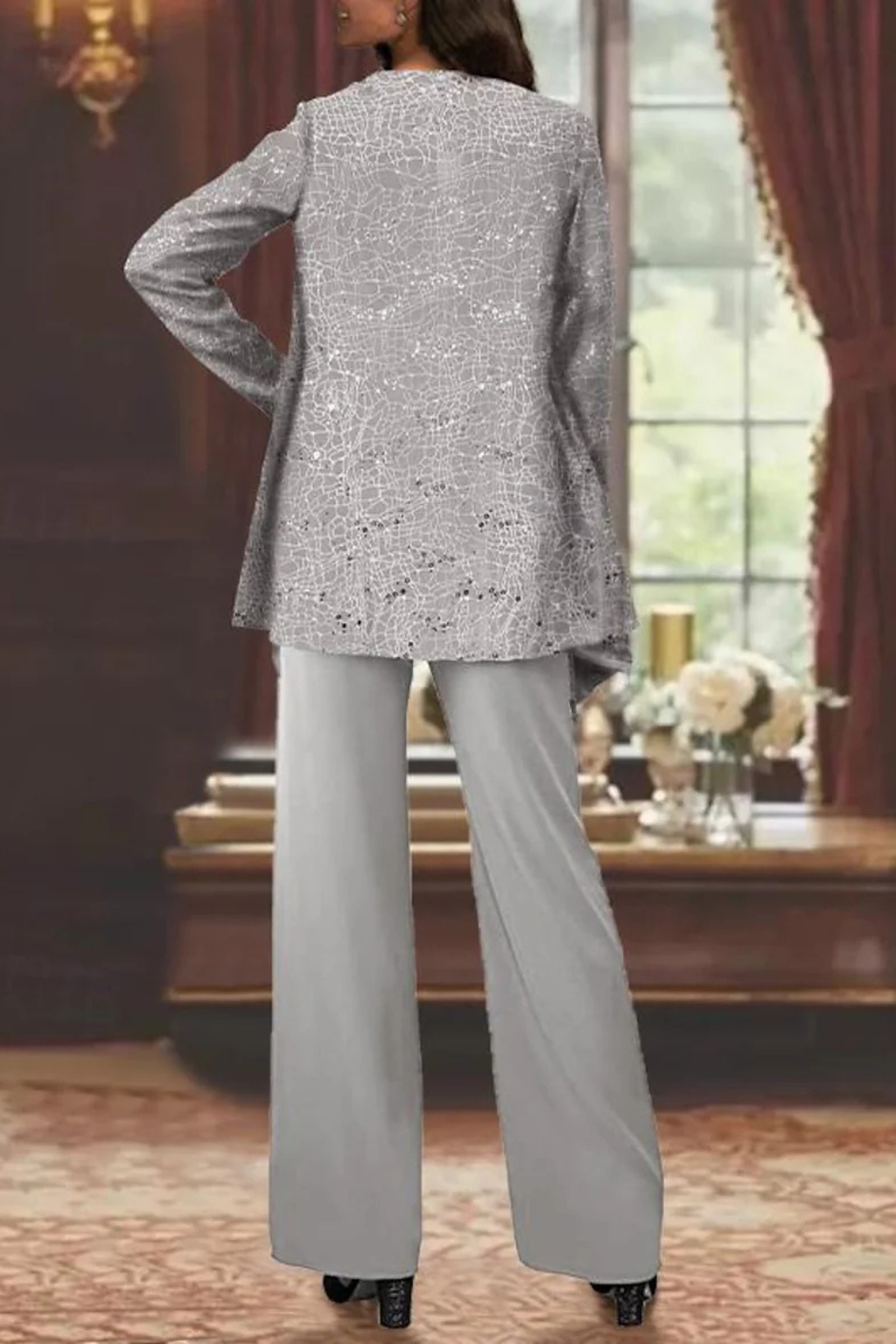Dames Driedelig Pak met Pailletten en Kant - Wide Leg Broek Gala Outfit