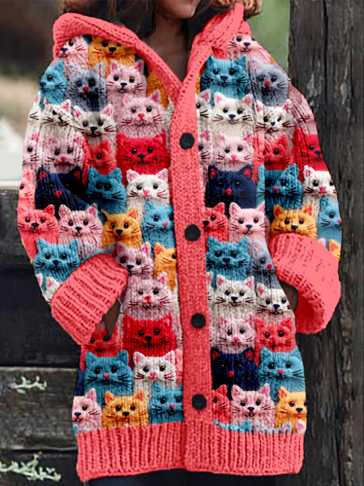 MM | Gebreide jas met knoopsluiting en speelse kattenprint