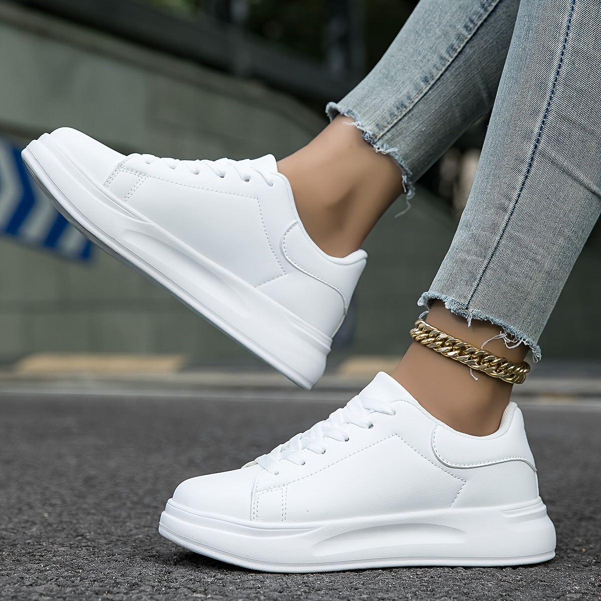 Dames Witte Sneakers – Faux Leren Low-Top, Minimalistisch Design voor Casual & All Season