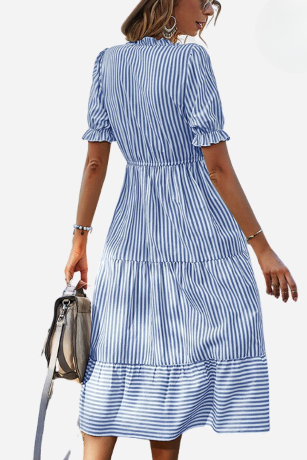 Kaatje | Dames Midi-jurk met Streepdessin en Boho-Details – Zomerjurk met V-hals