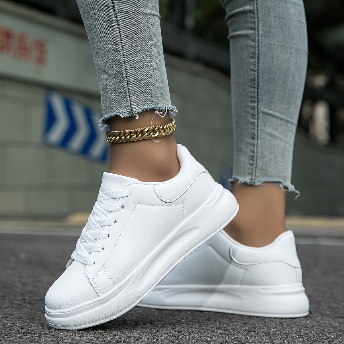 Dames Witte Sneakers – Faux Leren Low-Top, Minimalistisch Design voor Casual & All Season
