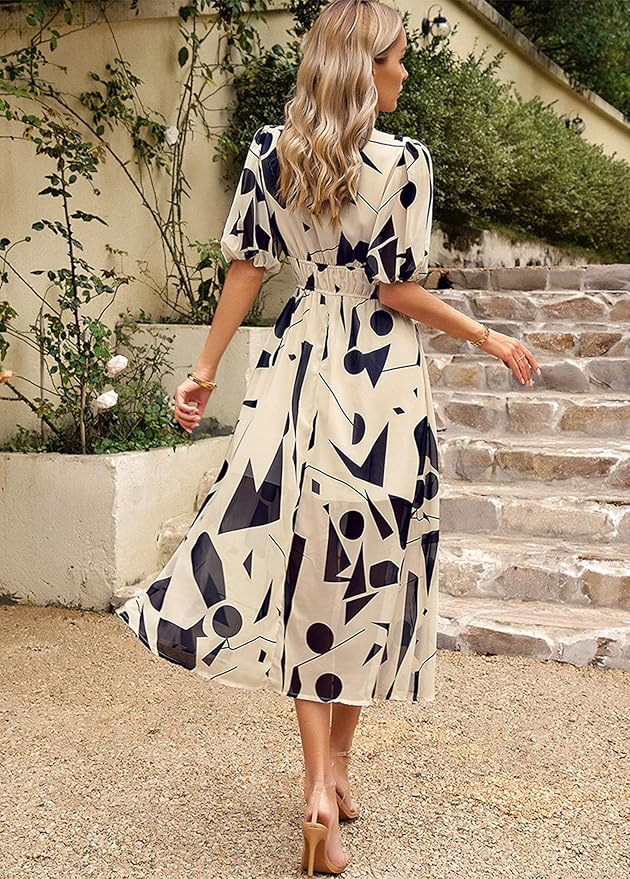 Maxi-Jurk met Abstracte Print | Damesjurk met Pofmouwen en Elastische Taille