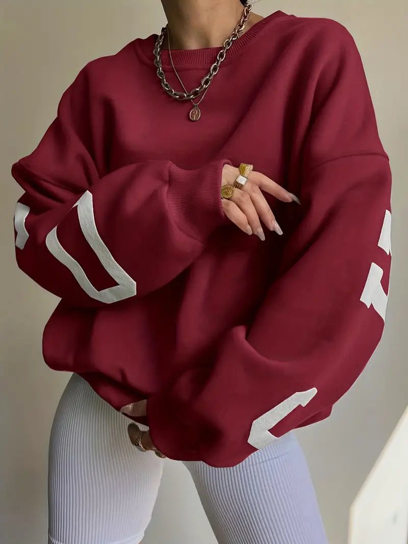 Dames Oversized Sweatshirt – Ronde hals zonder capuchon, grafische print op mouwen, casual