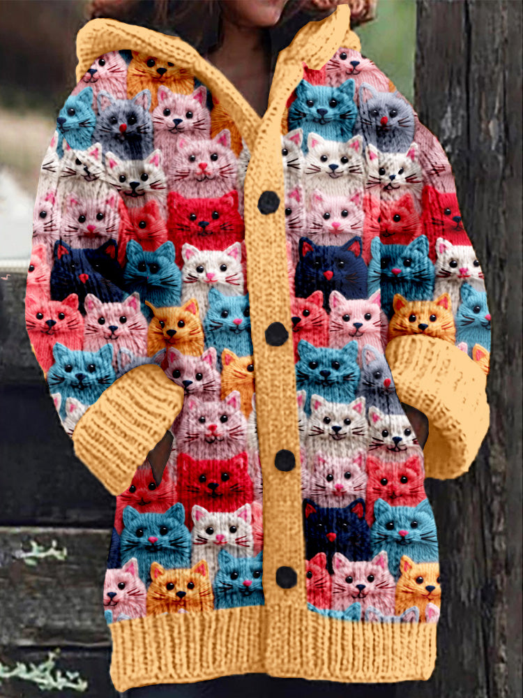 MM | Gebreide jas met knoopsluiting en speelse kattenprint
