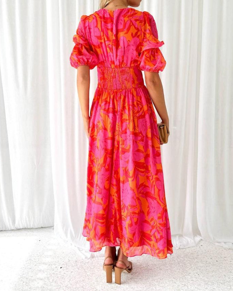 Berendina | Dames Jurk met V-Hals en Pofmouwen – Luchtige Flowy Stijl voor Zomer Elegantie
