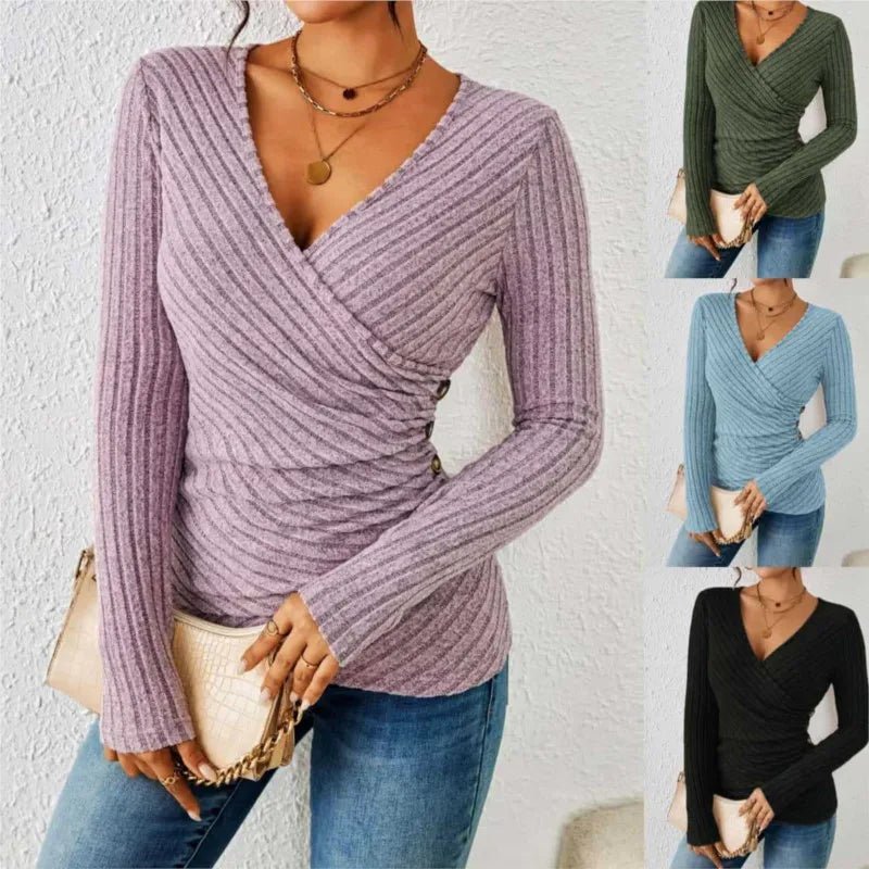 Dames V-hals Top – Zachte Stof, Lange Mouwen, Casual Blouse voor Dagelijks Gebruik