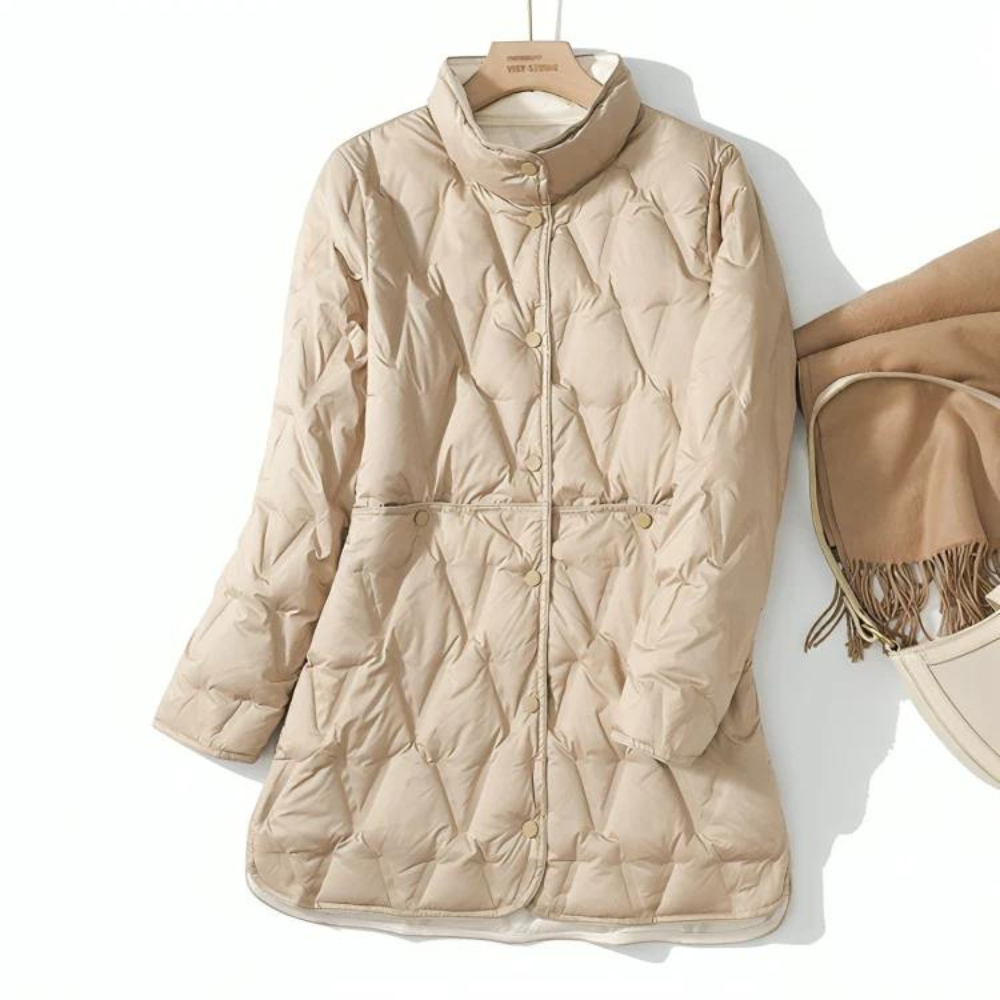 Dames Mid-Length Winterjas – Nylon, Lichtgewicht Down Look, Casual & Warm