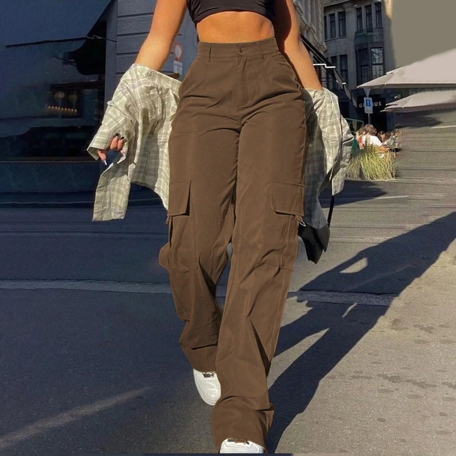 Dames High-Waisted Cargo Broek – Wijde Pijpen, Geschikt voor Casual en Dagelijks Gebruik