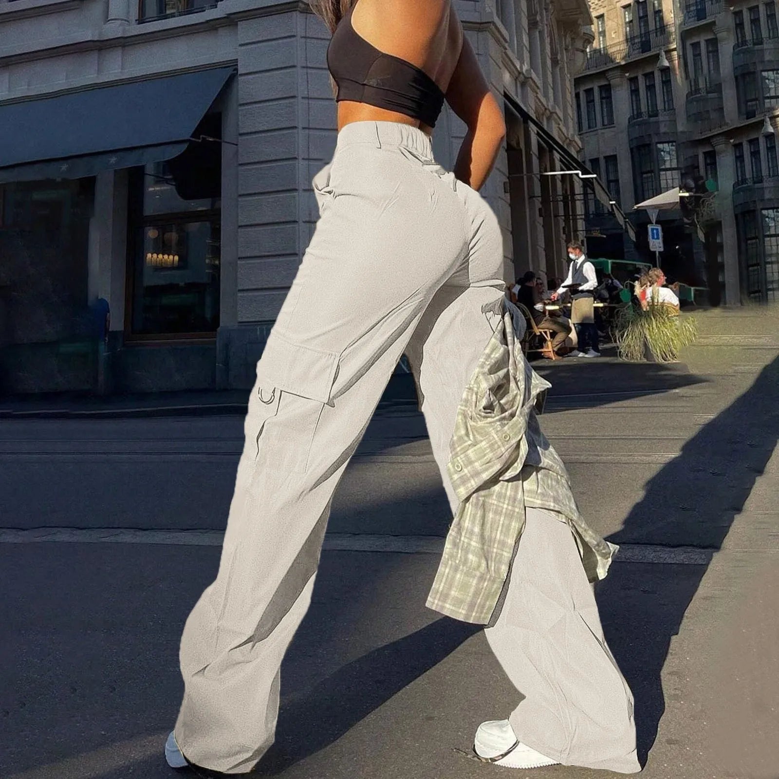Dames High-Waisted Cargo Broek – Wijde Pijpen, Geschikt voor Casual en Dagelijks Gebruik