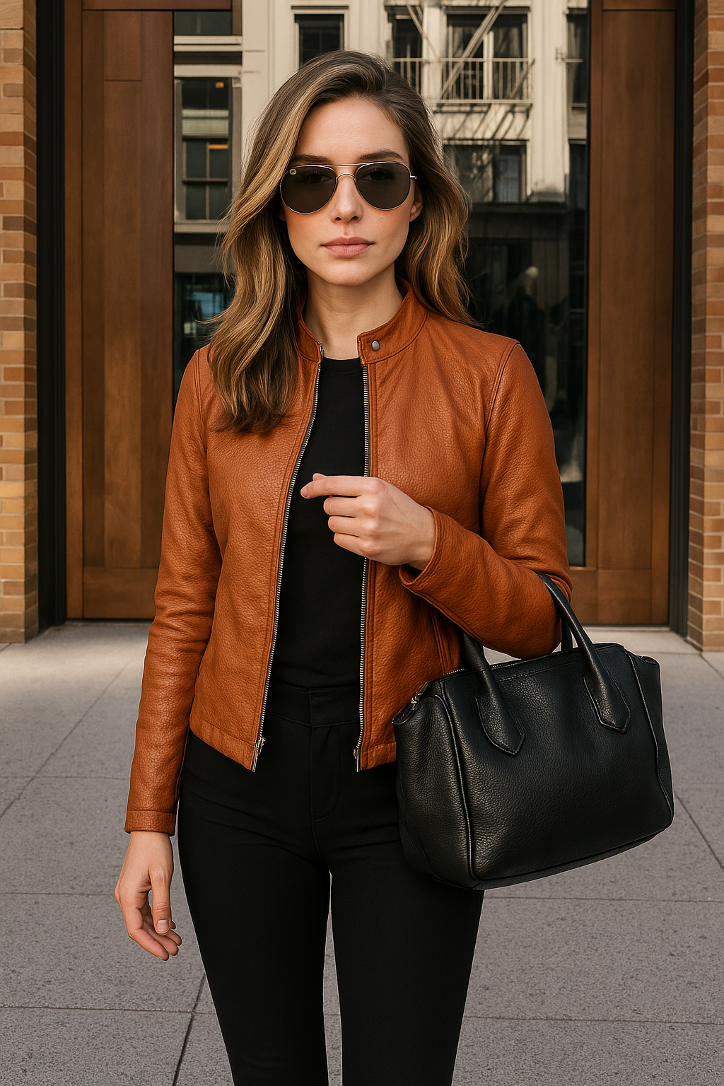 Dames Leren Jas Slim Fit met Rits en Opstaande Kraag