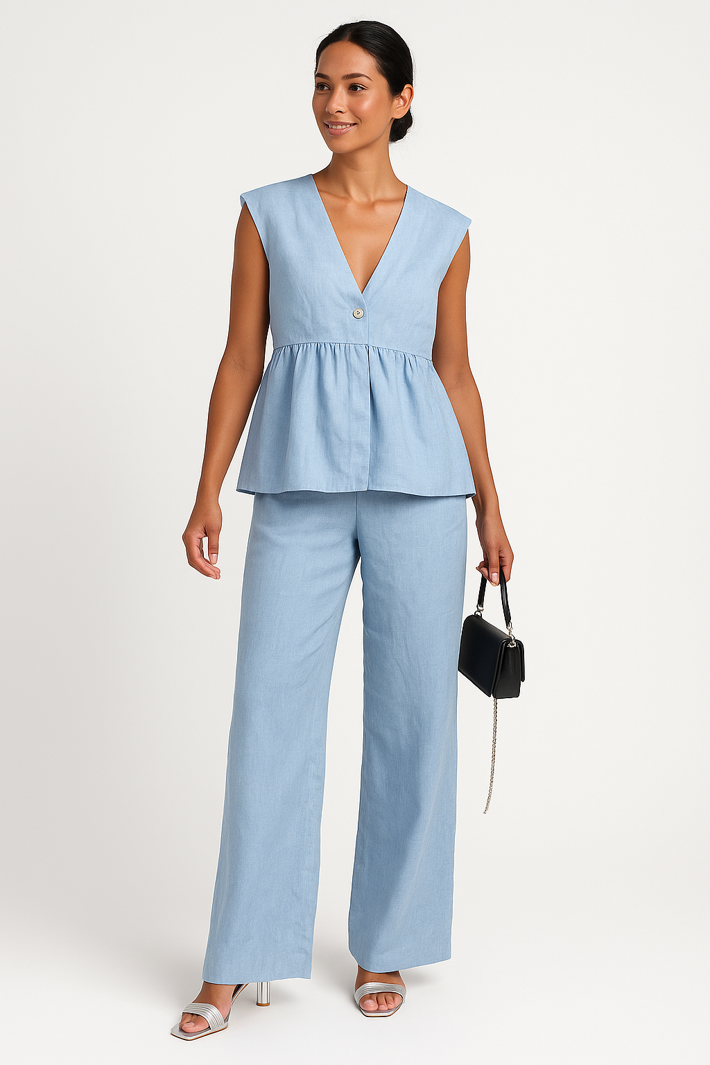 Camilla | Dames Tweedelige Set – Mouwloze Peplum Top met V-hals en Losse Lange Broek