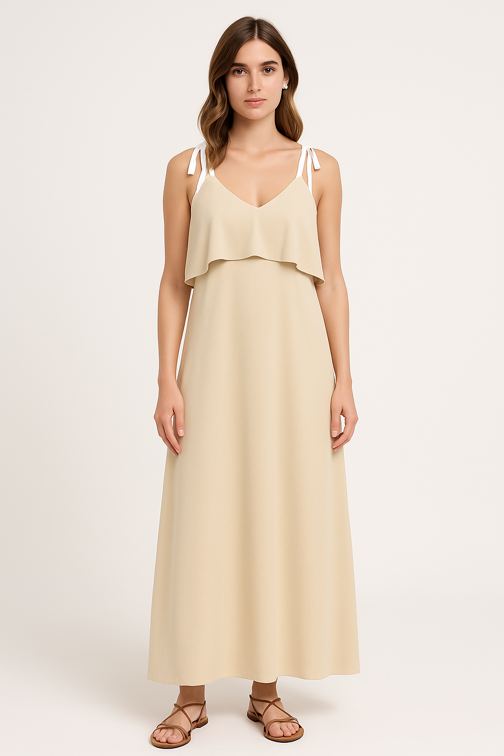 Anke | Dames Maxi Jurk – Losse Pasvorm, Strikbandjes, Ruches, Ademend Comfort