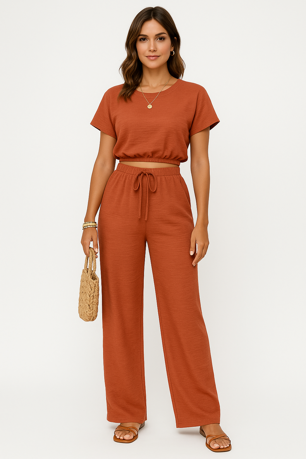 Cloë | Dames Tweedelige Set – Crop Top met Batwing Mouwen en Wijde Broek met Trekkoord