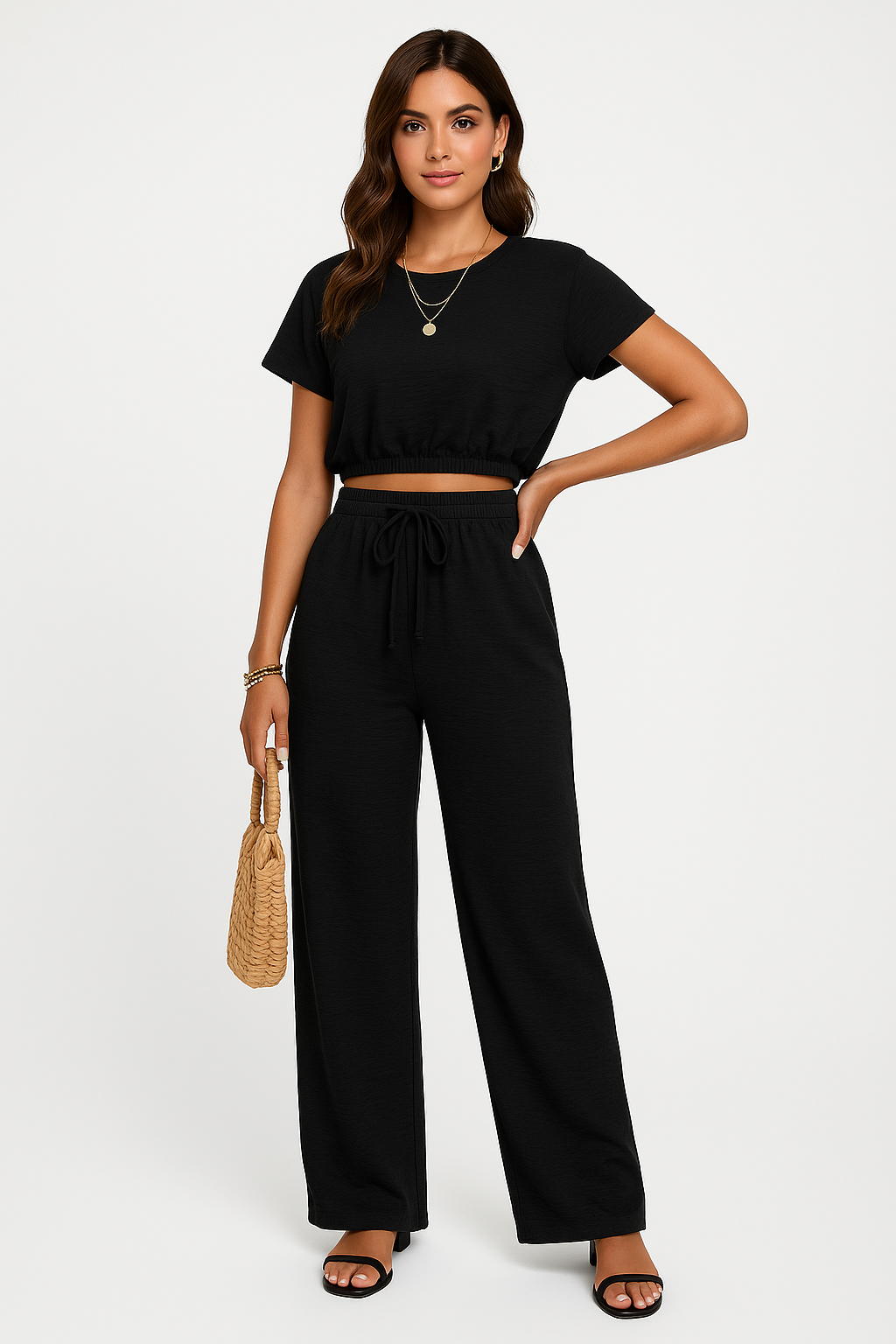Cloë | Dames Tweedelige Set – Crop Top met Batwing Mouwen en Wijde Broek met Trekkoord