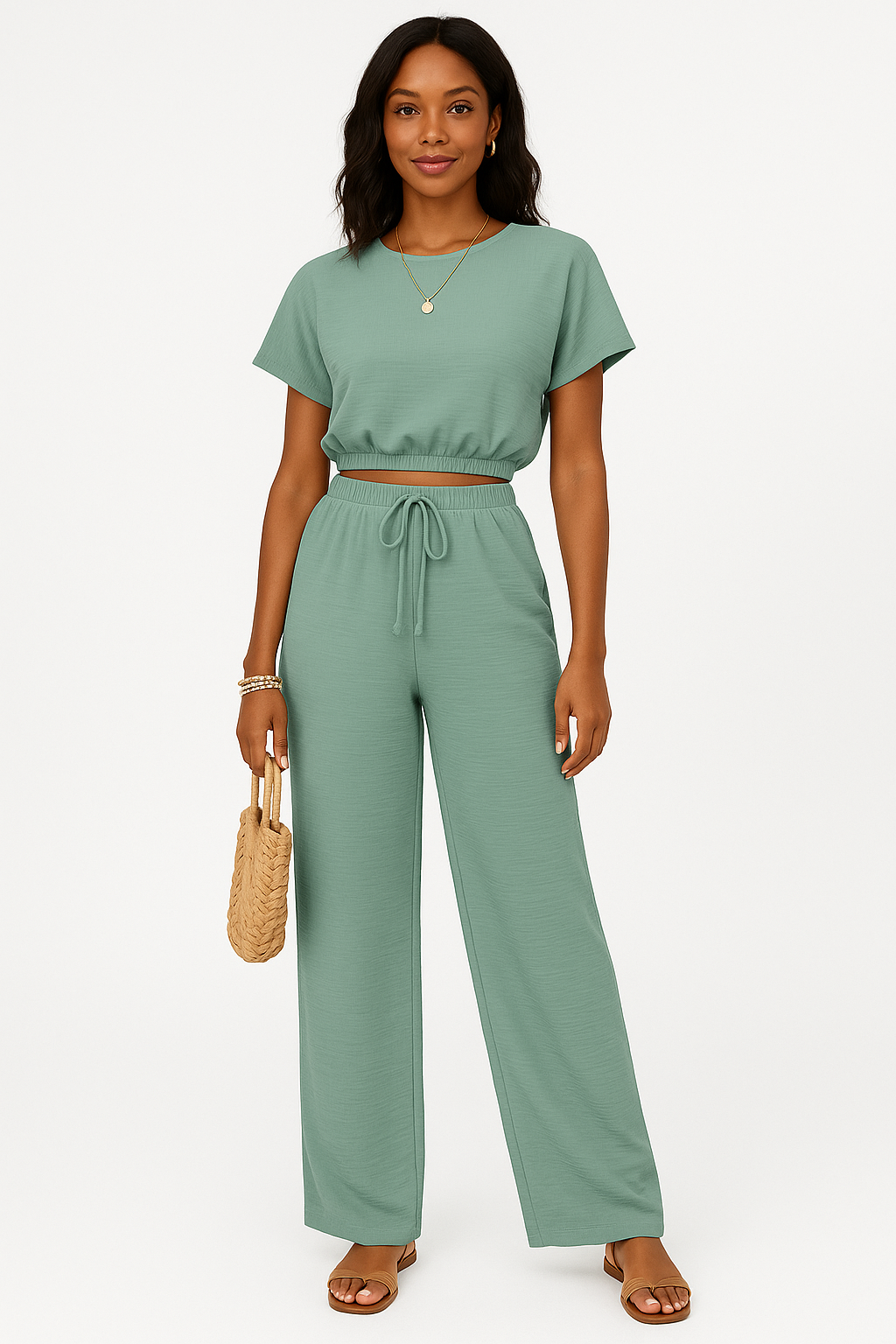 Cloë | Dames Tweedelige Set – Crop Top met Batwing Mouwen en Wijde Broek met Trekkoord