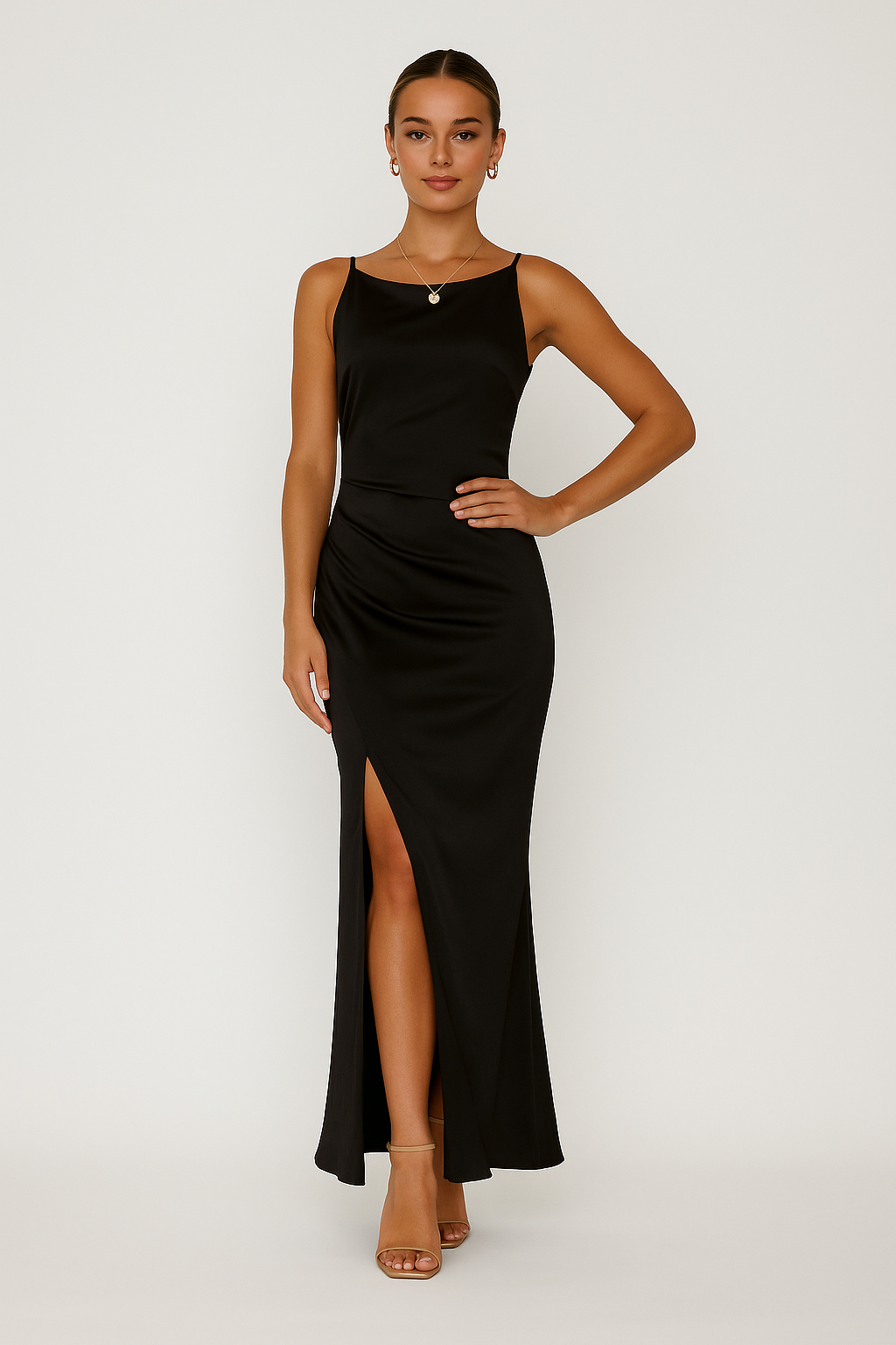 Drena | Dames Midi Jurk - Slim Fit, Spaghettibandjes, Drapé Halslijn, Luxe Glanzende Stof