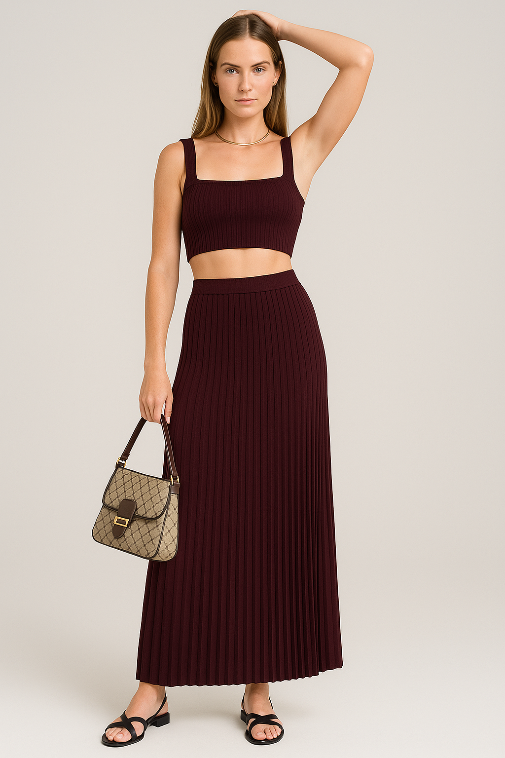 Mette | Dames Set Top en Plissé Maxi Rok – Slim Fit Gebreide Crop Top – Zachte Stretchstof