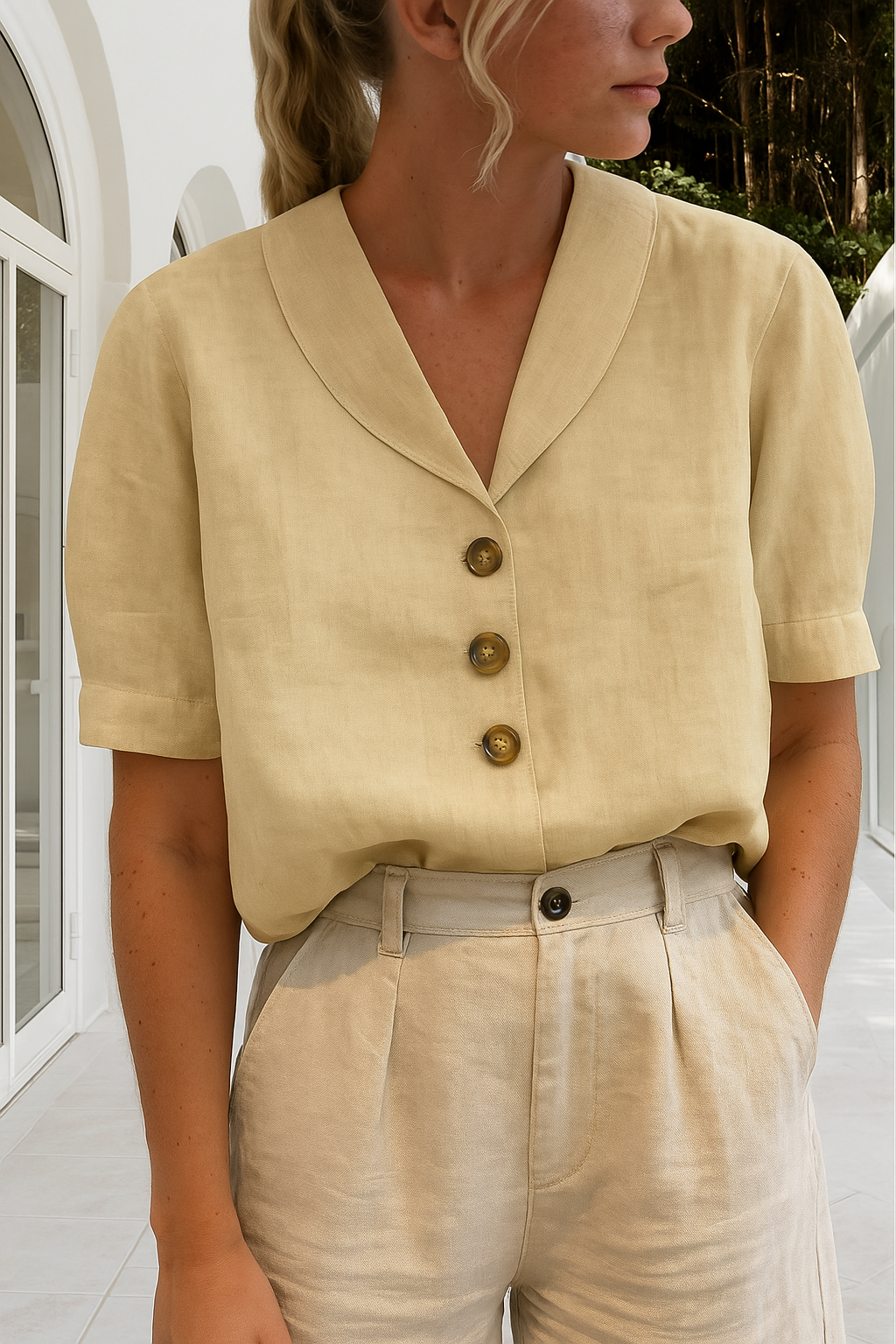 Dames T-shirt – Luchtige Katoen-Linnenmix met Elegante Envelophals