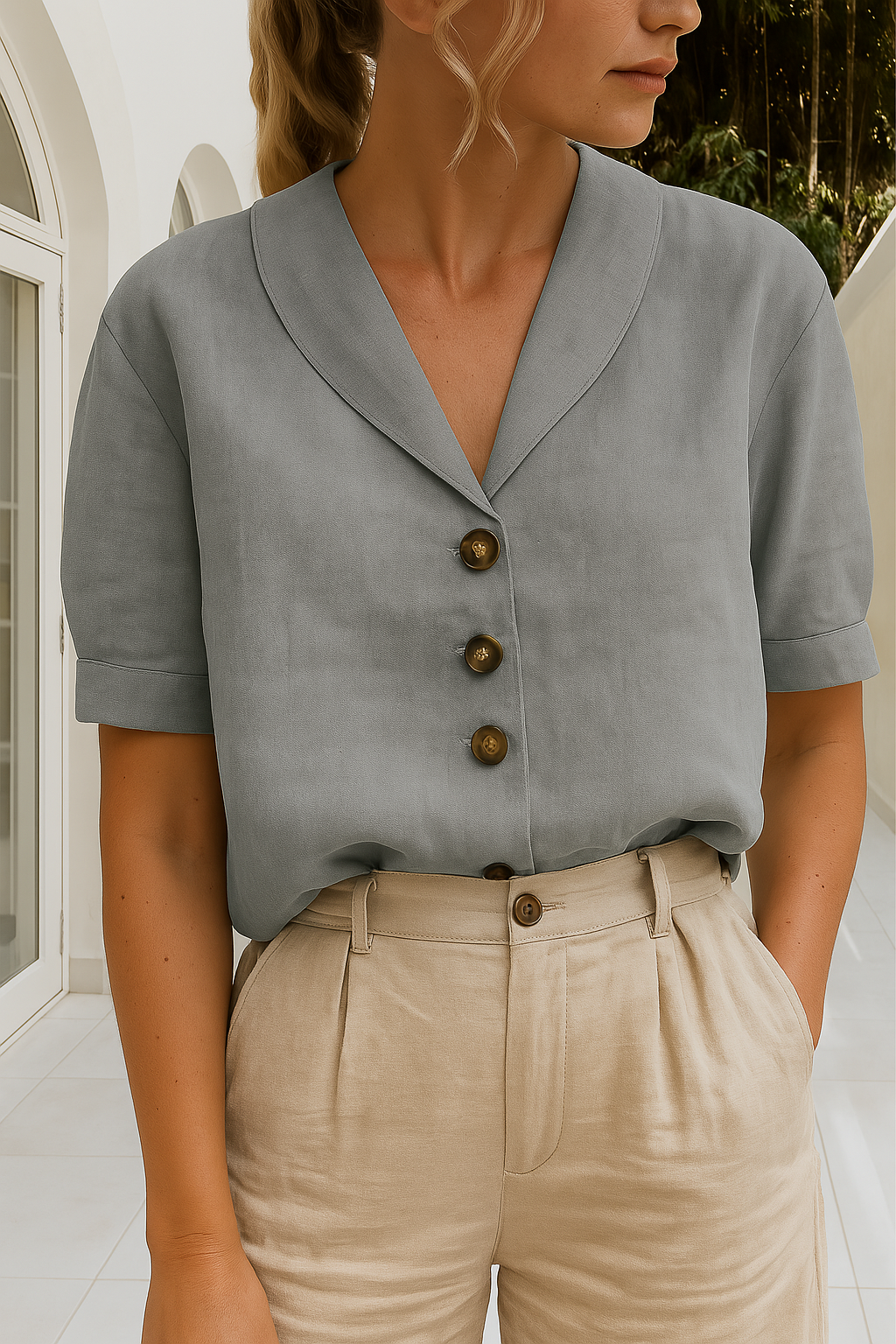 Dames T-shirt – Luchtige Katoen-Linnenmix met Elegante Envelophals