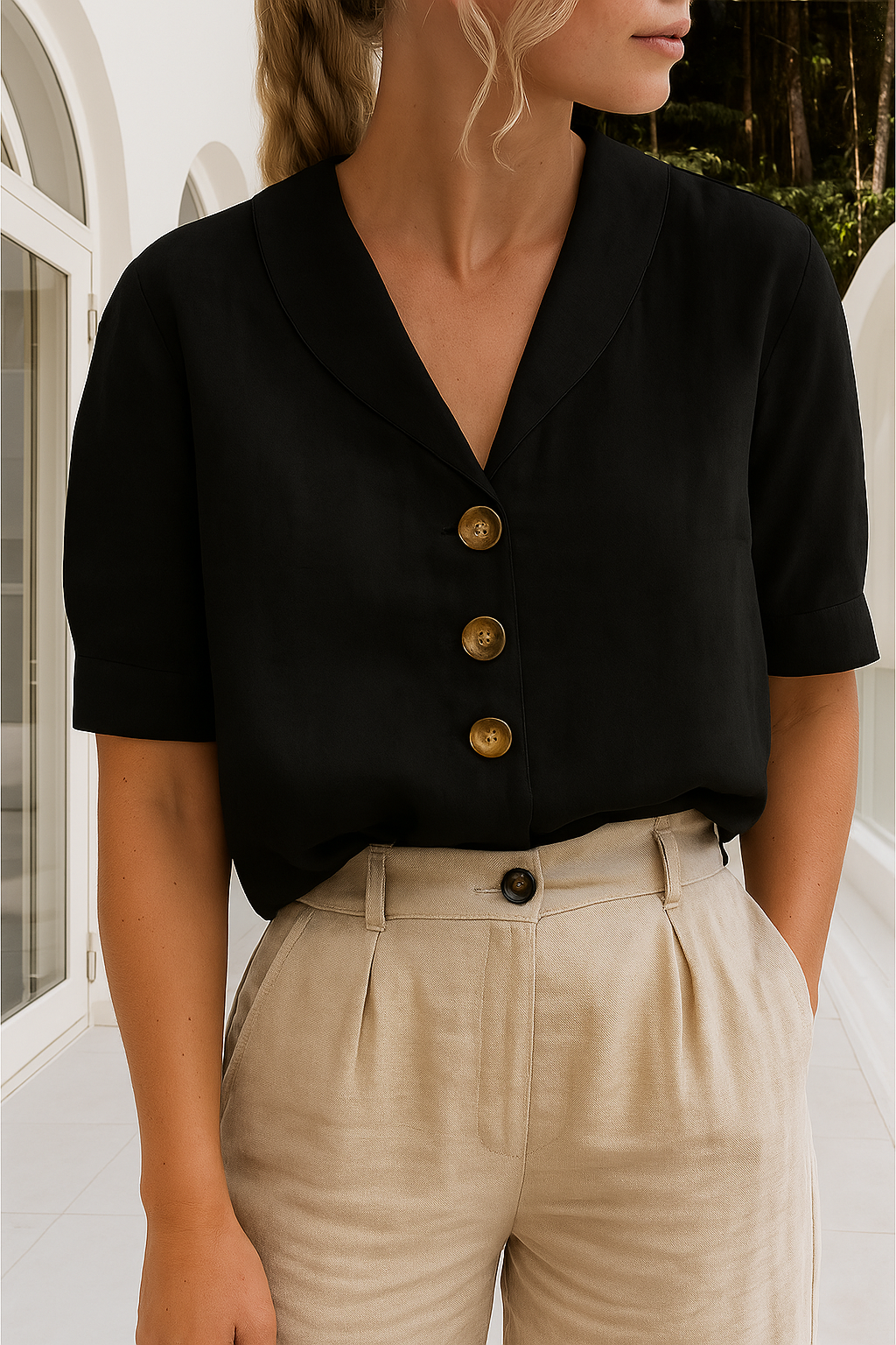 Dames T-shirt – Luchtige Katoen-Linnenmix met Elegante Envelophals