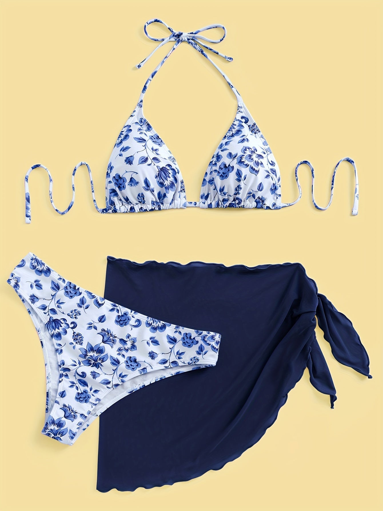 Chique Bikini Set met Bloemenprint en Halternek | Blauw/Wit