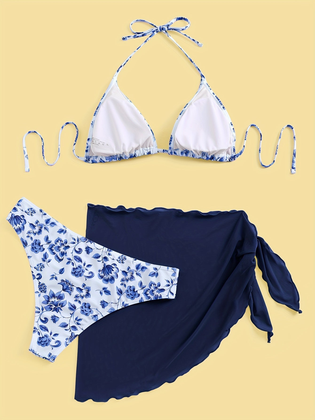 Chique Bikini Set met Bloemenprint en Halternek | Blauw/Wit