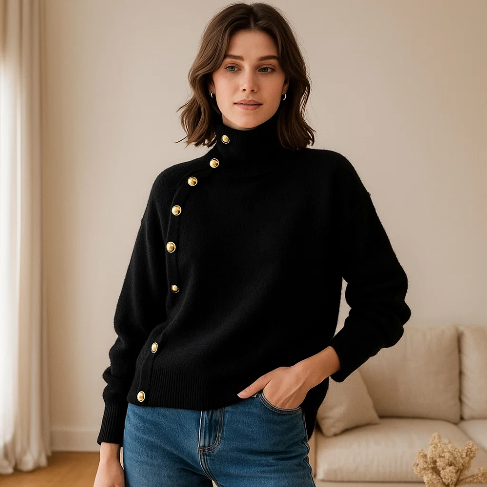 Dames Trui met Knopen – Effen Beige, Ronde Hals, Casual Knitwear voor Herfst en Winter