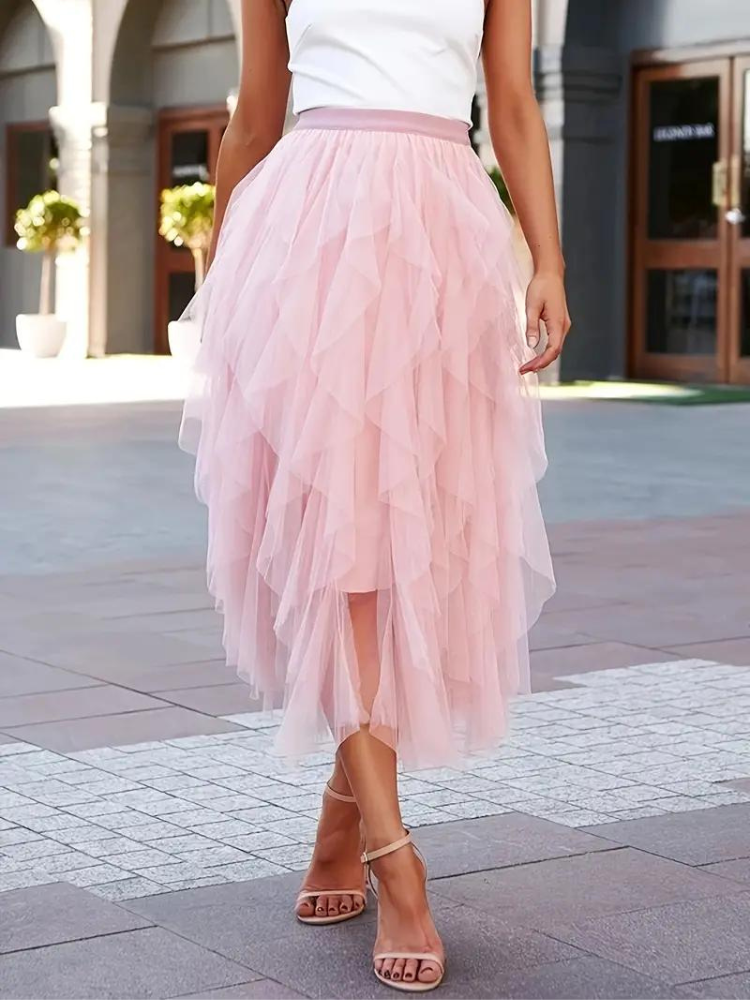Gitta | Dames Midi Rok – Hoog Getailleerd – Gelaagde Mesh & Ruches