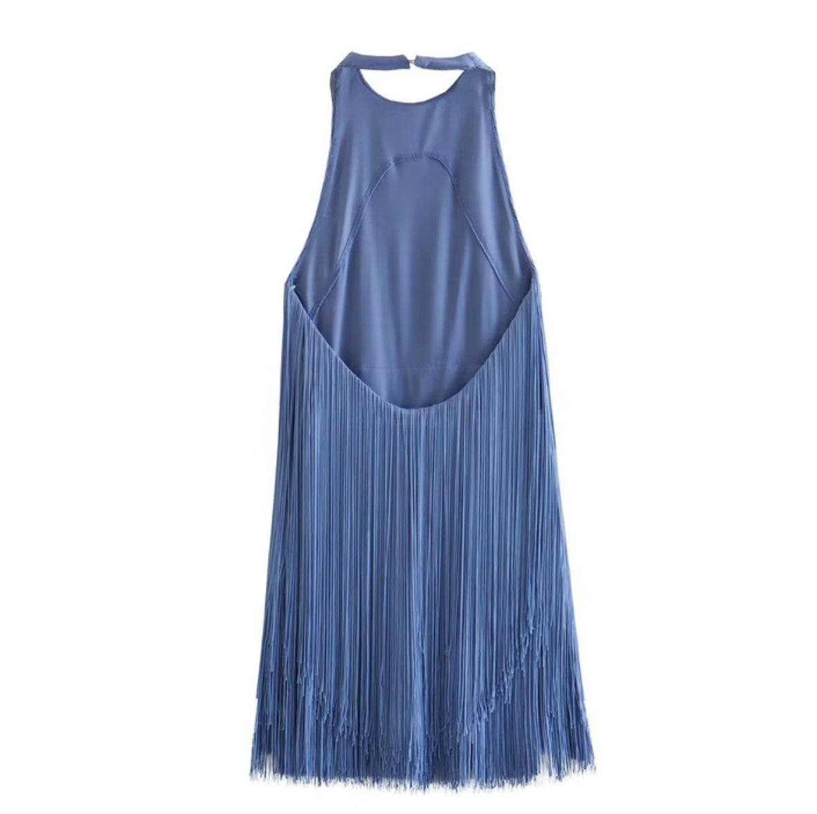 Blauwe Jurk met Fransjes en Open Rug