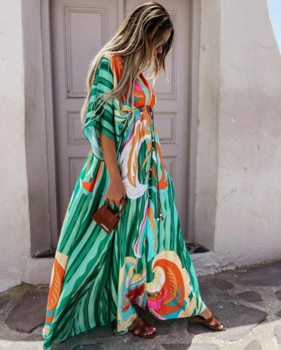 Hinke | Dames Maxi Jurk – Relaxed Fit – V-hals – Tailleband – Knoopsluiting – Abstracte Print