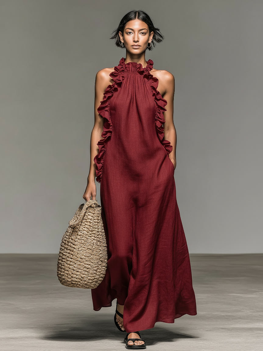 Dames Maxi Jurk met Volant Mouwloos Zomerjurk