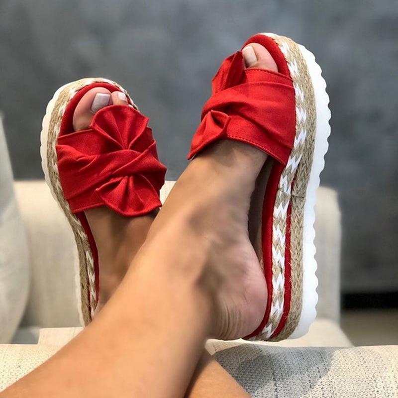 Platform Sandalen met Strik | Dames sandalen met gevlochten zool en vrouwelijke look