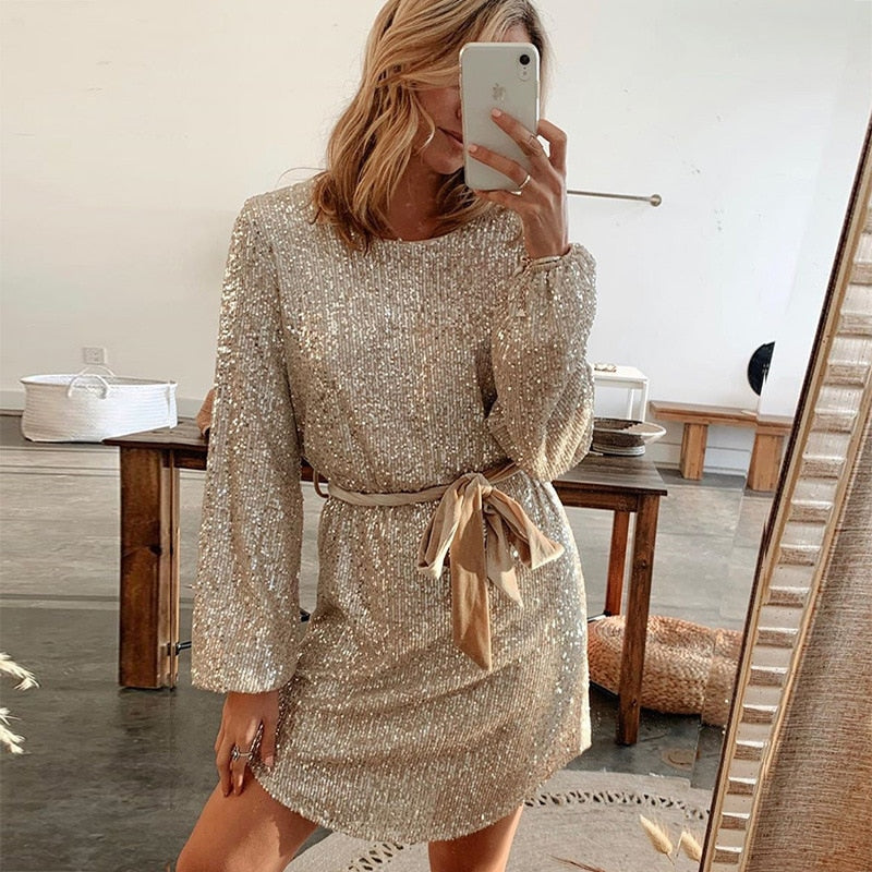 Frieda | Glamoureuze Sequin Mini-Jurk – Dames, Gouden Pailletten en Tailleur Pasvorm