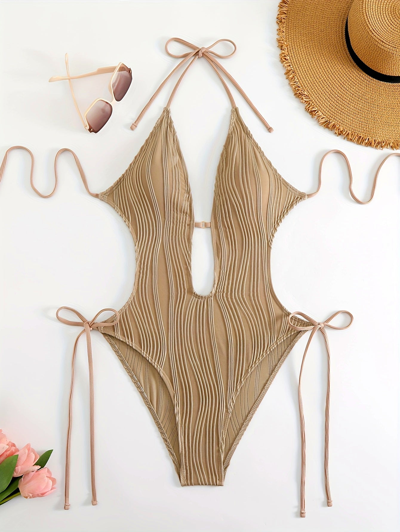 Sexy Eendelig Badpak Met Strikken | Stijlvolle Gestructureerde Strandkleding