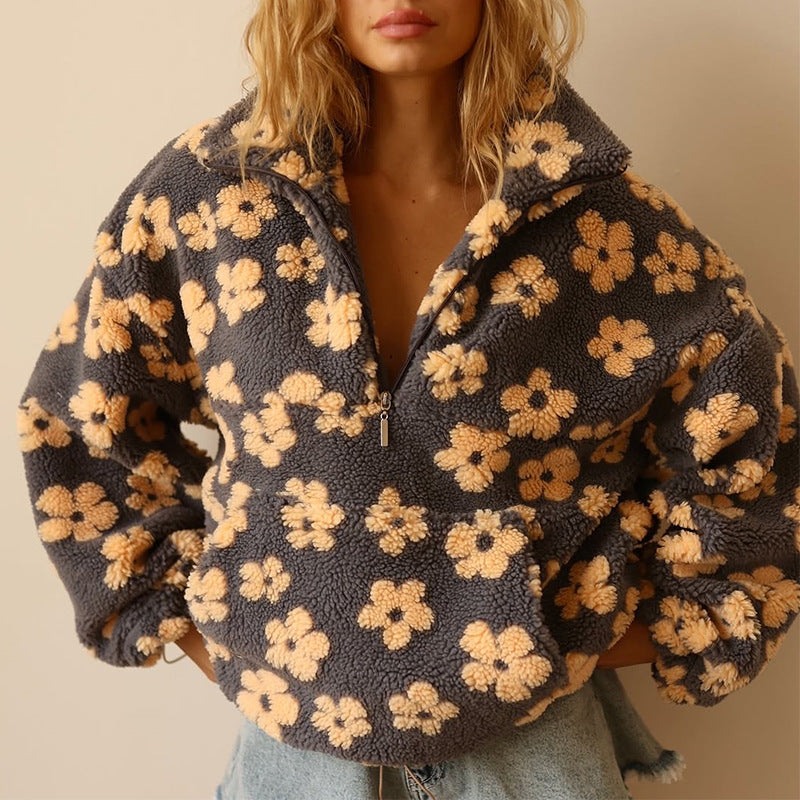 Dames Oversized Sherpa Trui – Bohemian Bloemenprint, Warm en Casual voor Herfst en Winter