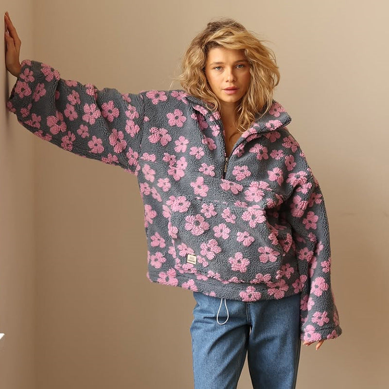 Dames Oversized Sherpa Trui – Bohemian Bloemenprint, Warm en Casual voor Herfst en Winter