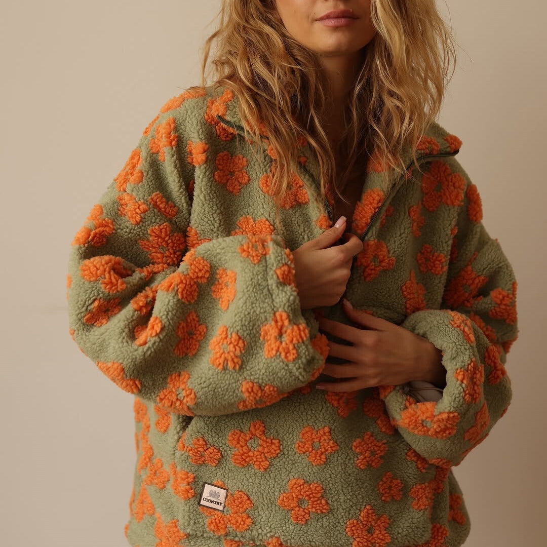 Dames Oversized Sherpa Trui – Bohemian Bloemenprint, Warm en Casual voor Herfst en Winter