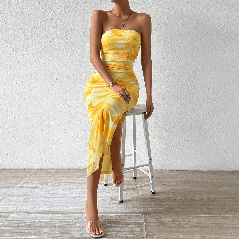 Neeltje | Dames Strapless Maxi Jurk – Slim Fit – Mesh – Zijsplit