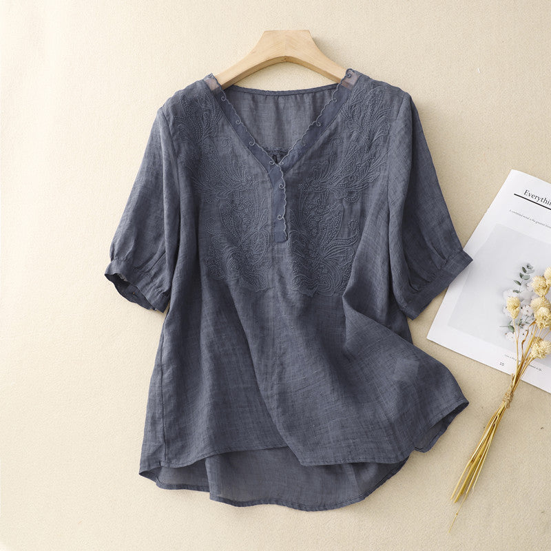 Ida | Damesblouse – Los Model – V-hals – Geborduurd – Ademend Materiaal