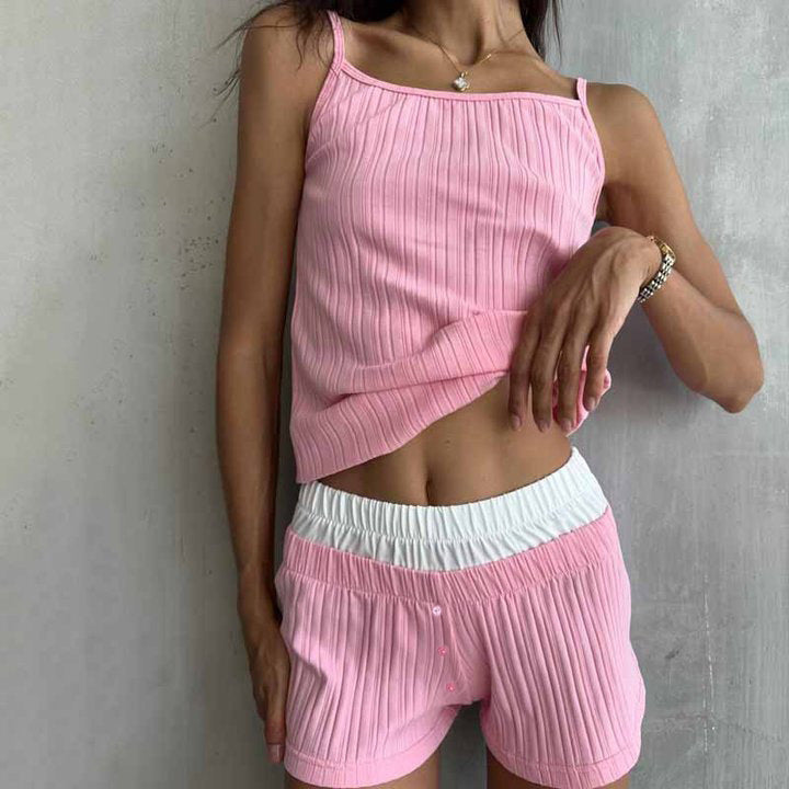 Moniek | Dames Pyjama Set – Geribd Design – Cropped Vestje met Strik – Flowy Shorts