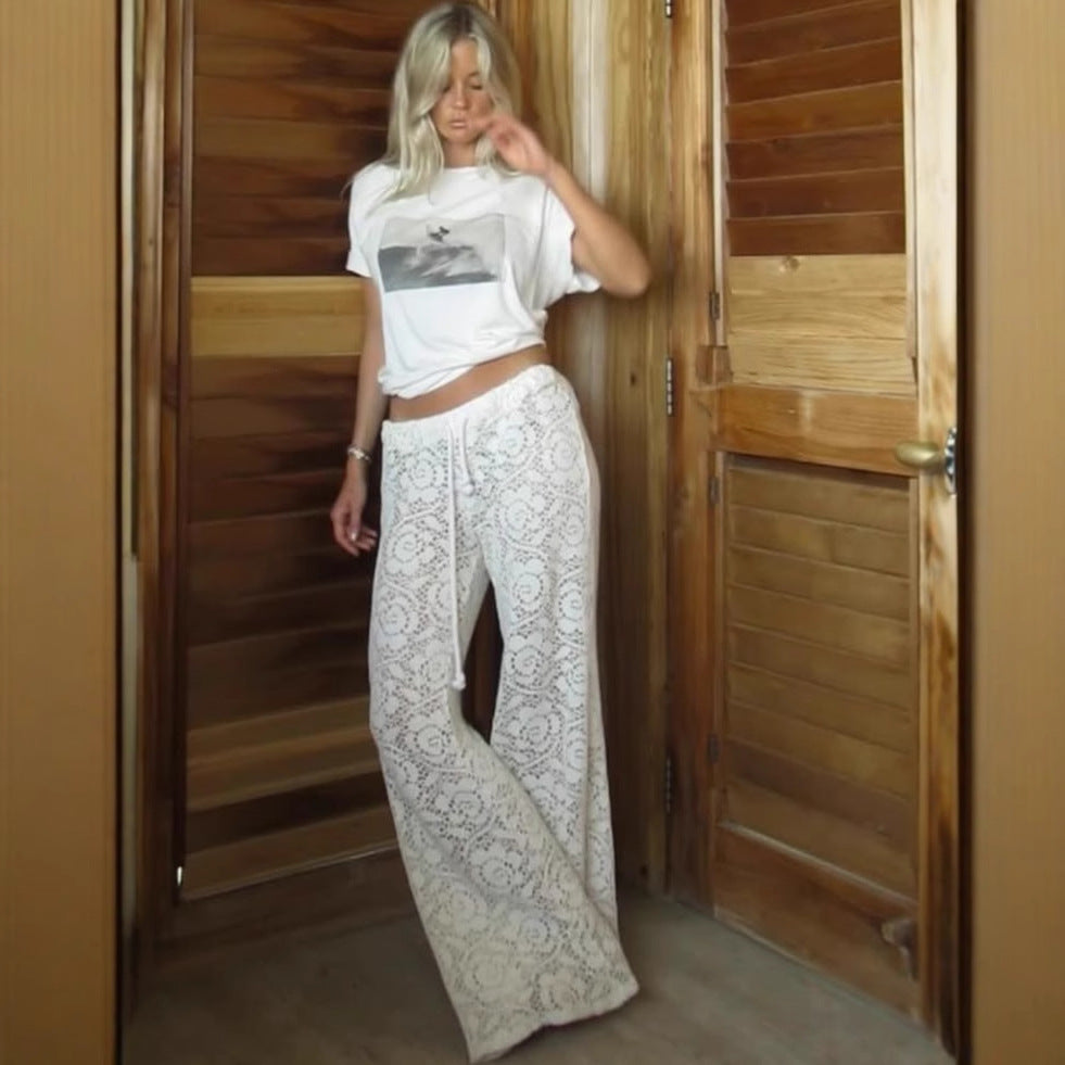 Sofie | Dames Broek met Wijde Pijpen – Elegante Pasvorm, Kant Textuur & Semi Transparant