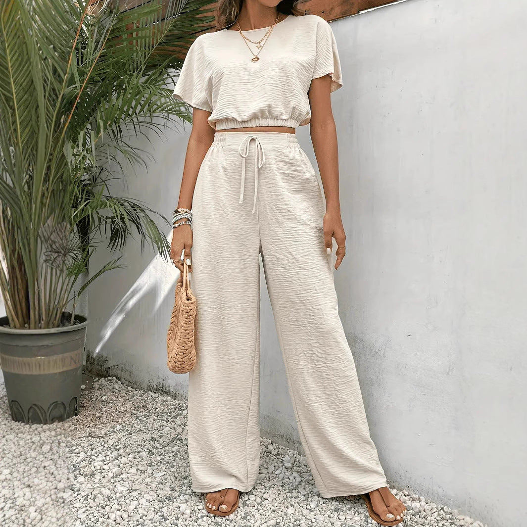 Cloë | Dames Tweedelige Set – Crop Top met Batwing Mouwen en Wijde Broek met Trekkoord