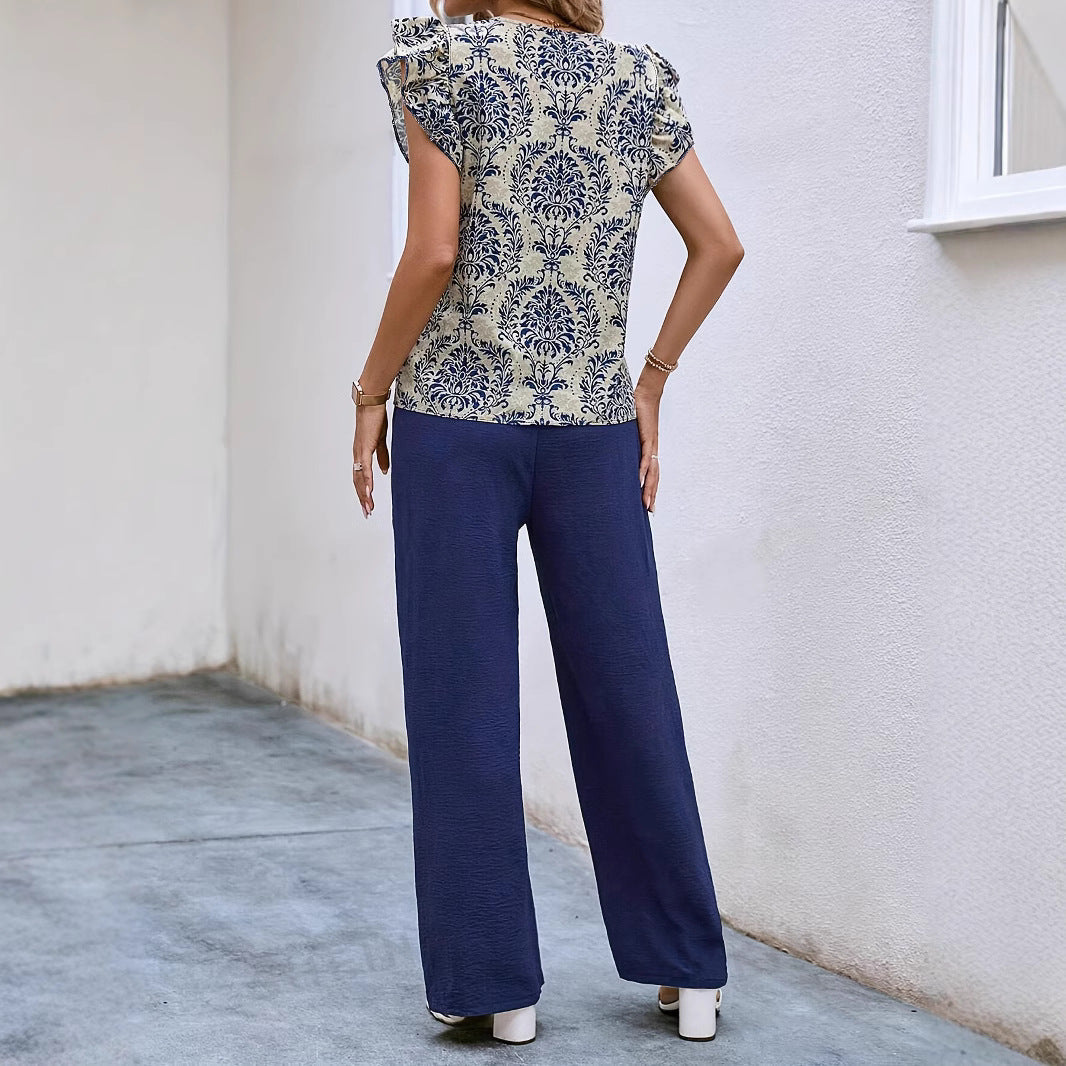 Herma | Dames Set – V-hals Bloementop met Ruches – Hoge Taille Wijde Pijpen met Ceintuur